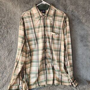 Joel California Vintage Mens Button Down Shirt XL Tan Plaid Long Sleeve
